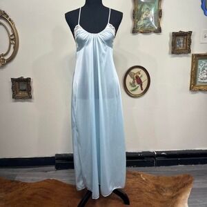 Vintage Lingerie Joseph Magnin Baby Blue Satin Lace Maxi Nightgown Slip Dress